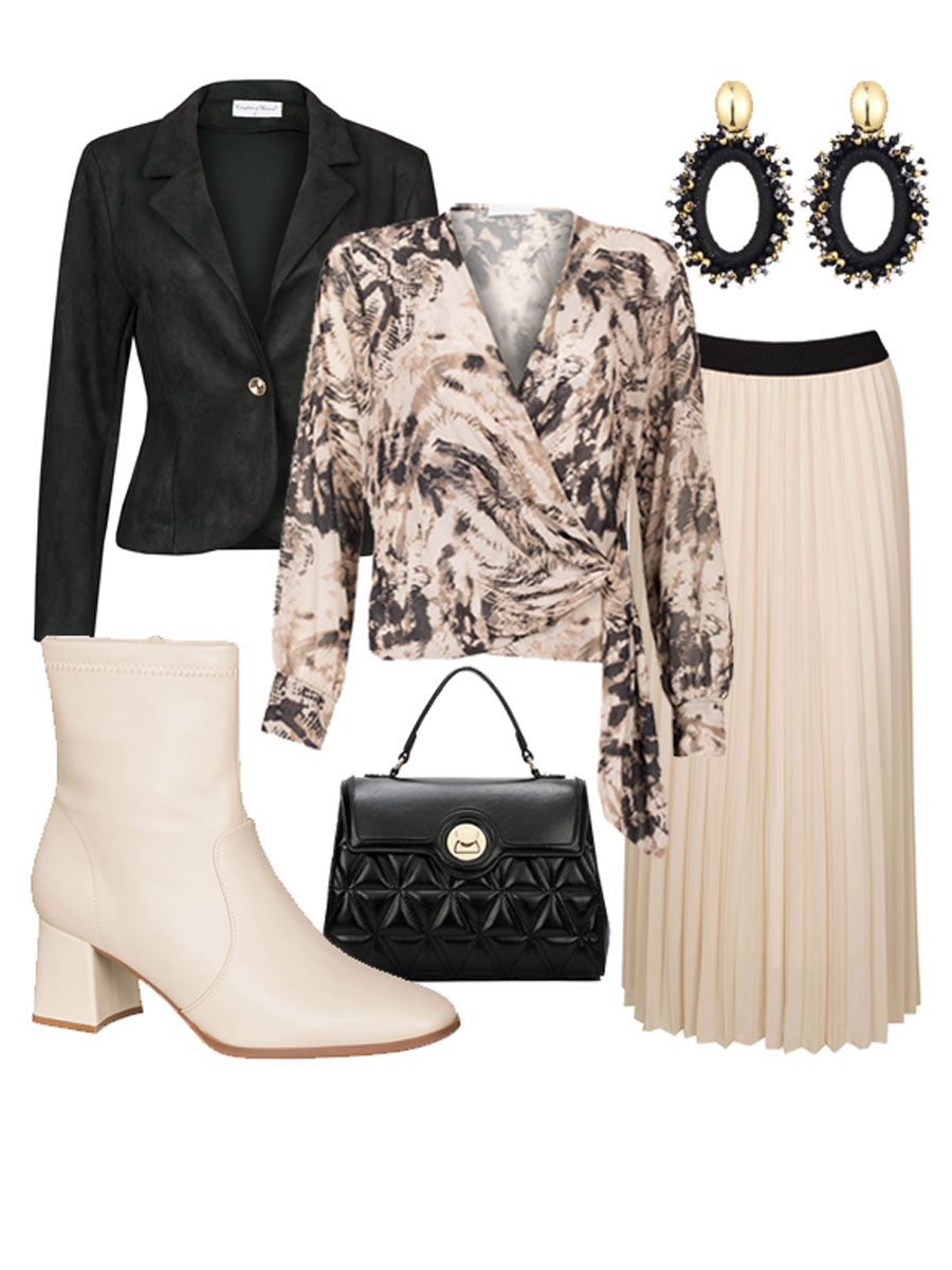 Blouse Overslag Beige Shop the look met rok