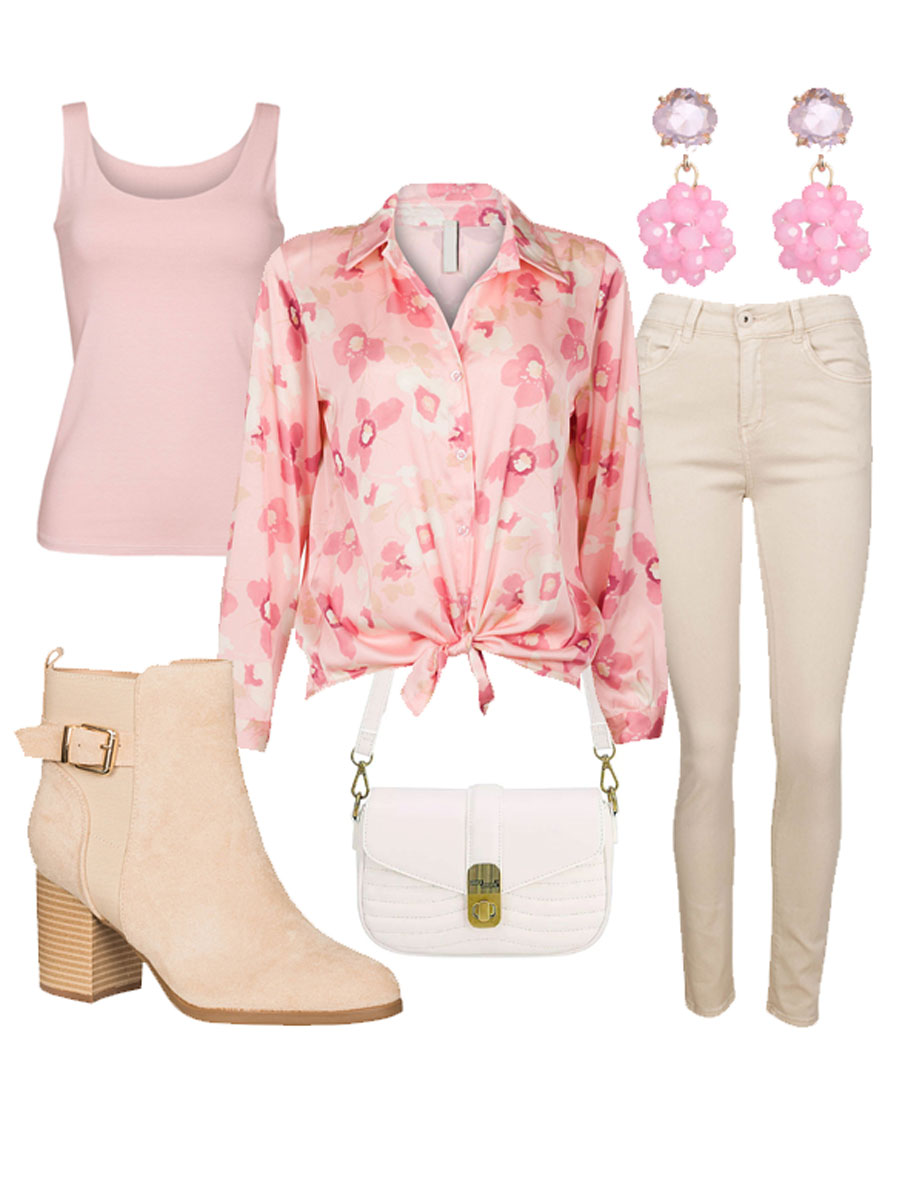 Norfy Jog Jeans Beige Shop the look met blouse