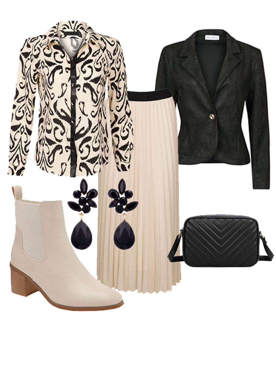 Rok Plissé Beige Shop the look met blouse en blazer